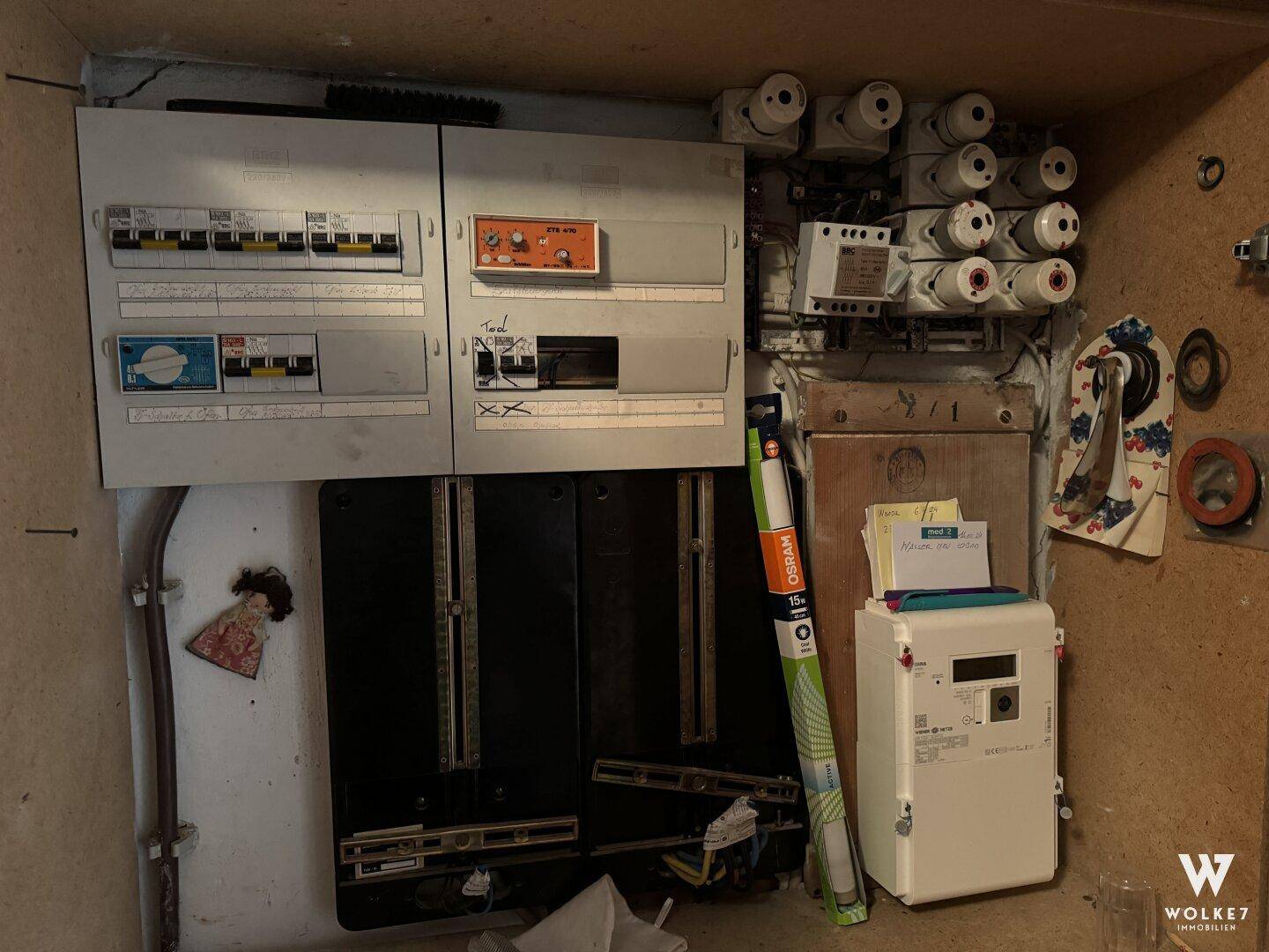 Hauswirtschaftsraum mit Sicherungskasten und Stromzähler, typisch für einen Technikraum.