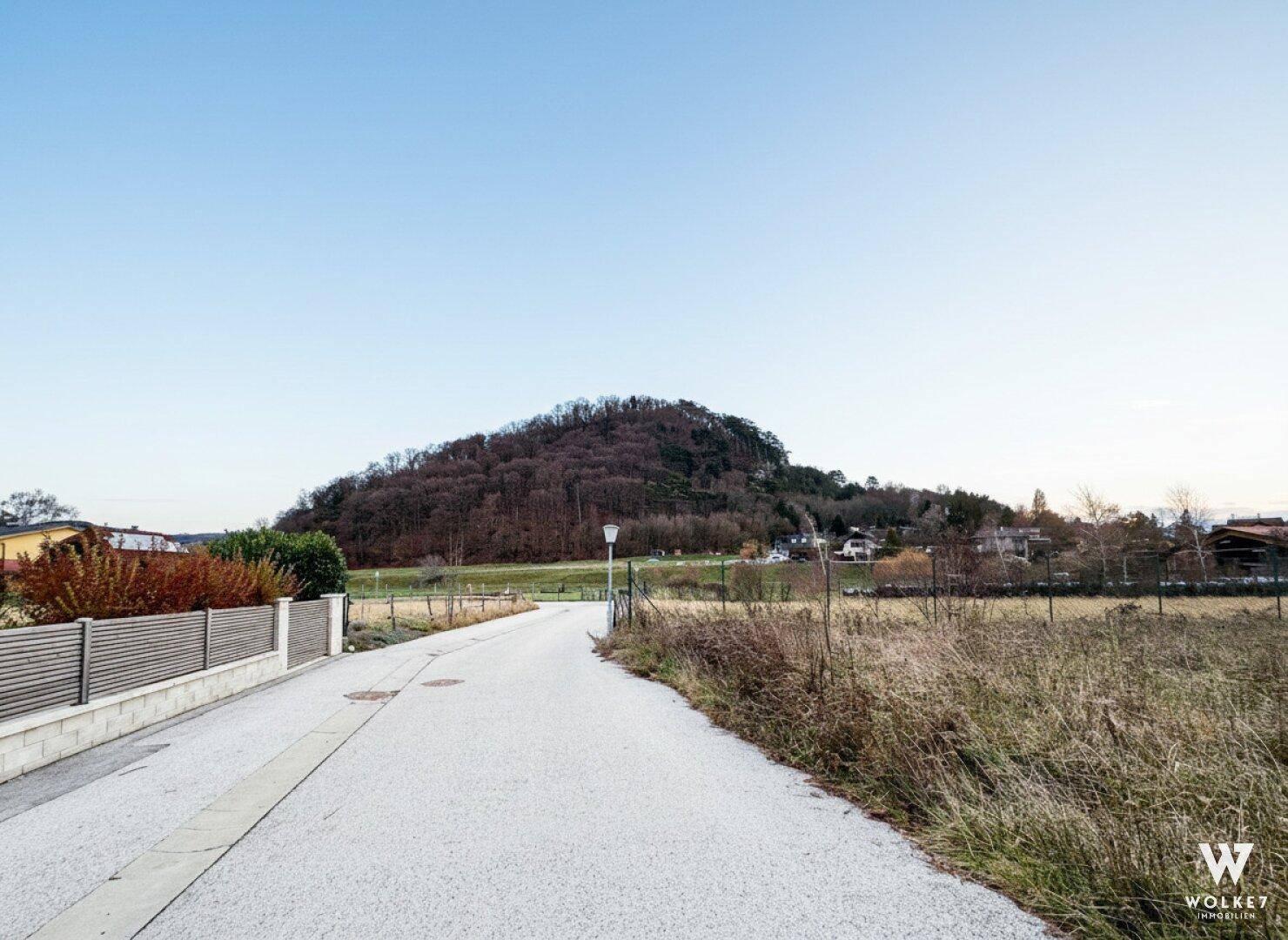 Landstraße führt zu einem bewaldeten Hügel mit weitem Blick auf die ländliche Umgebung.
