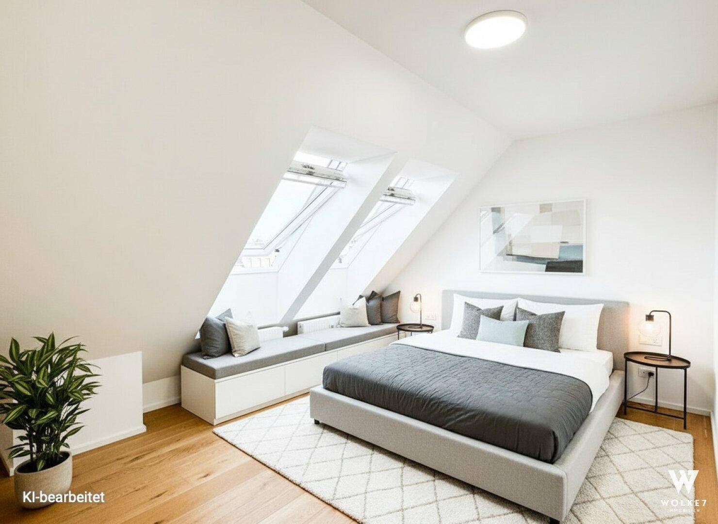 Modernes Schlafzimmer im Dachgeschoss mit großen Dachfenstern, Holzboden und Sitzbank.