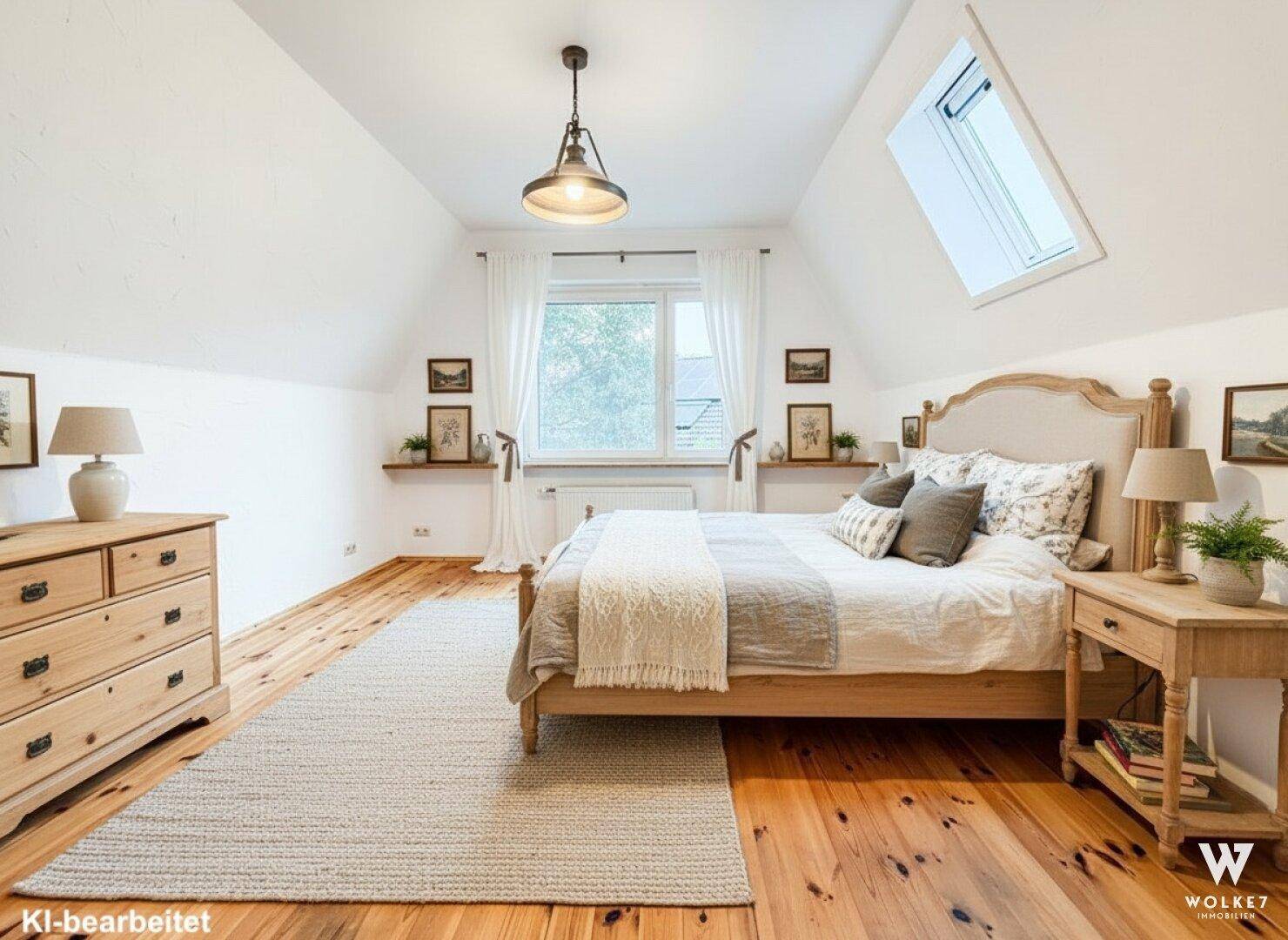Helles Schlafzimmer mit Holzboden, Dachschräge und einem Dachfenster für viel Tageslicht.