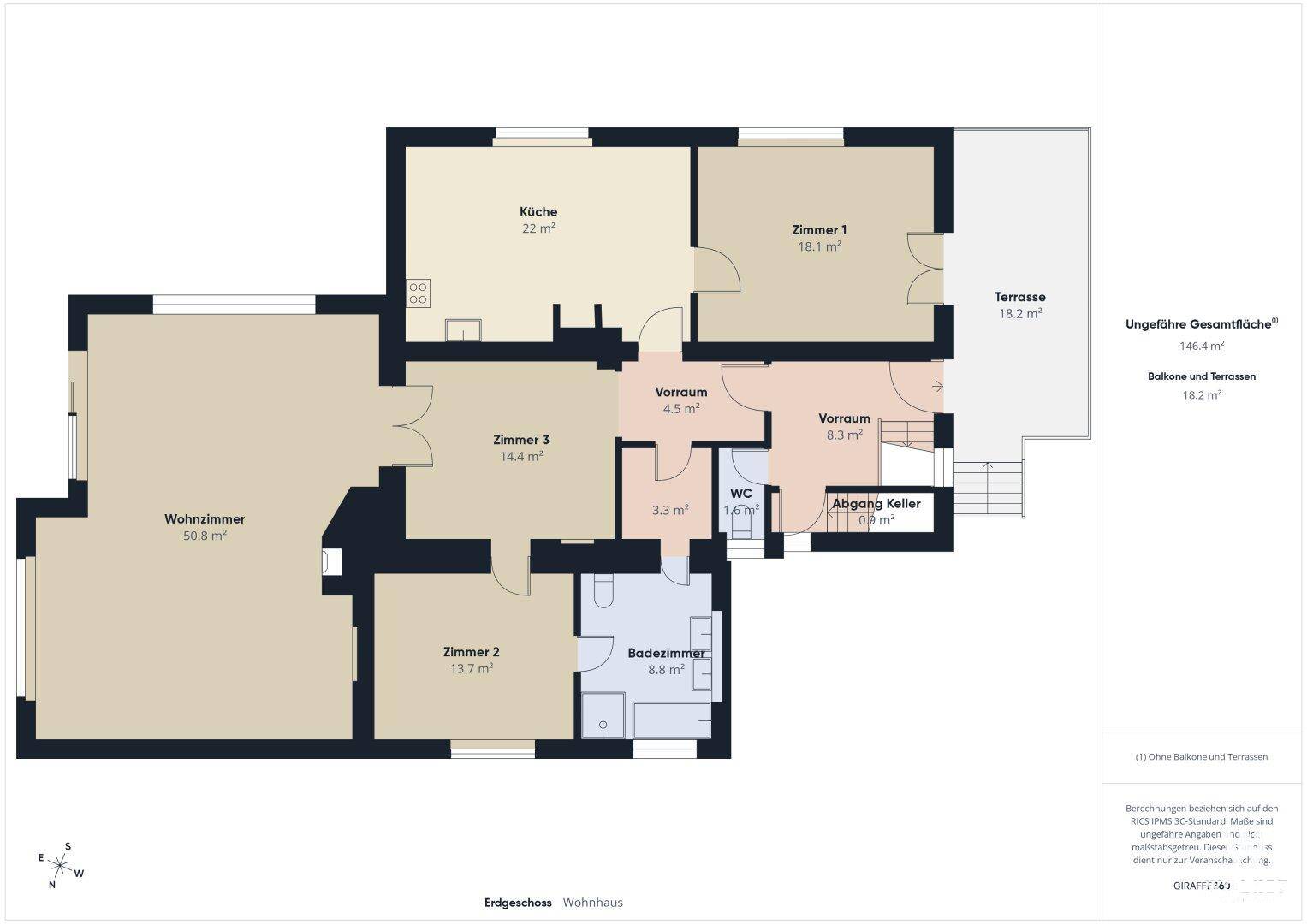 Grundriss des Erdgeschosses mit Küche, Wohnzimmer, drei Zimmern und Terrasse.