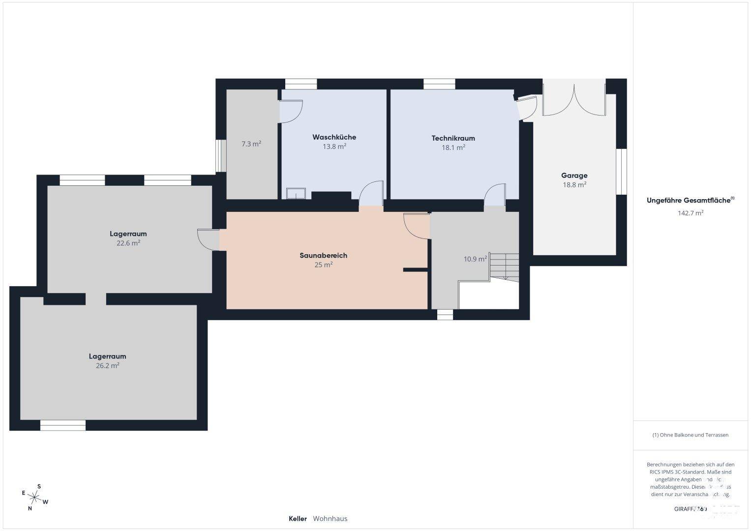 Grundriss des Kellergeschosses mit Lagerräumen, Waschküche, Technikraum, Sauna und Garage.