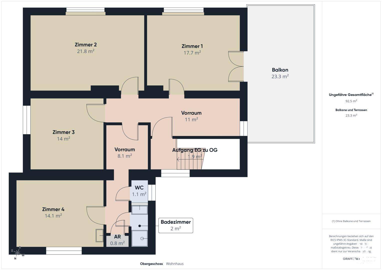Grundriss des Obergeschosses mit vier Zimmern, Badezimmer, WC und Balkon.