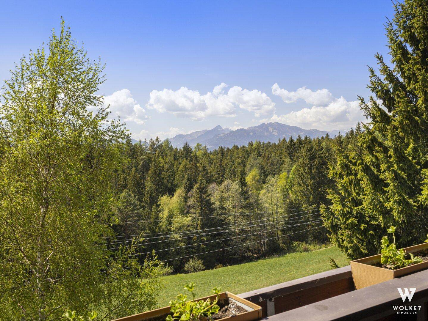 Blick vom Balkon auf die umliegenden Wälder und die majestätische Berglandschaft.