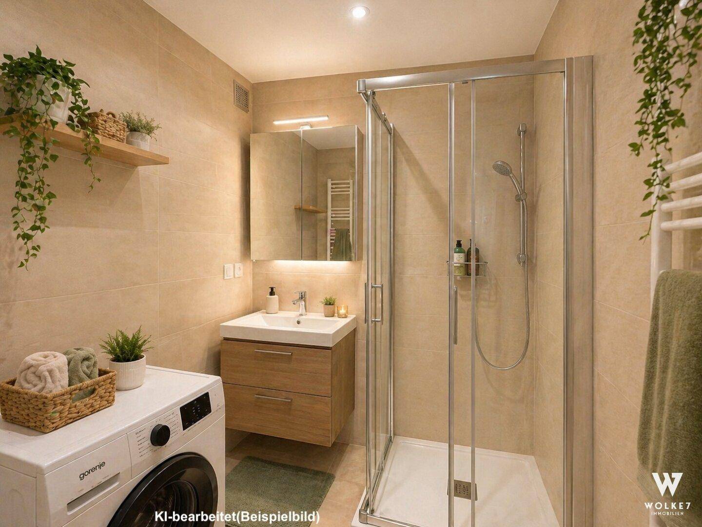 Modernes Badezimmer mit beigen Fliesen, Duschkabine und integrierter Waschmaschine.