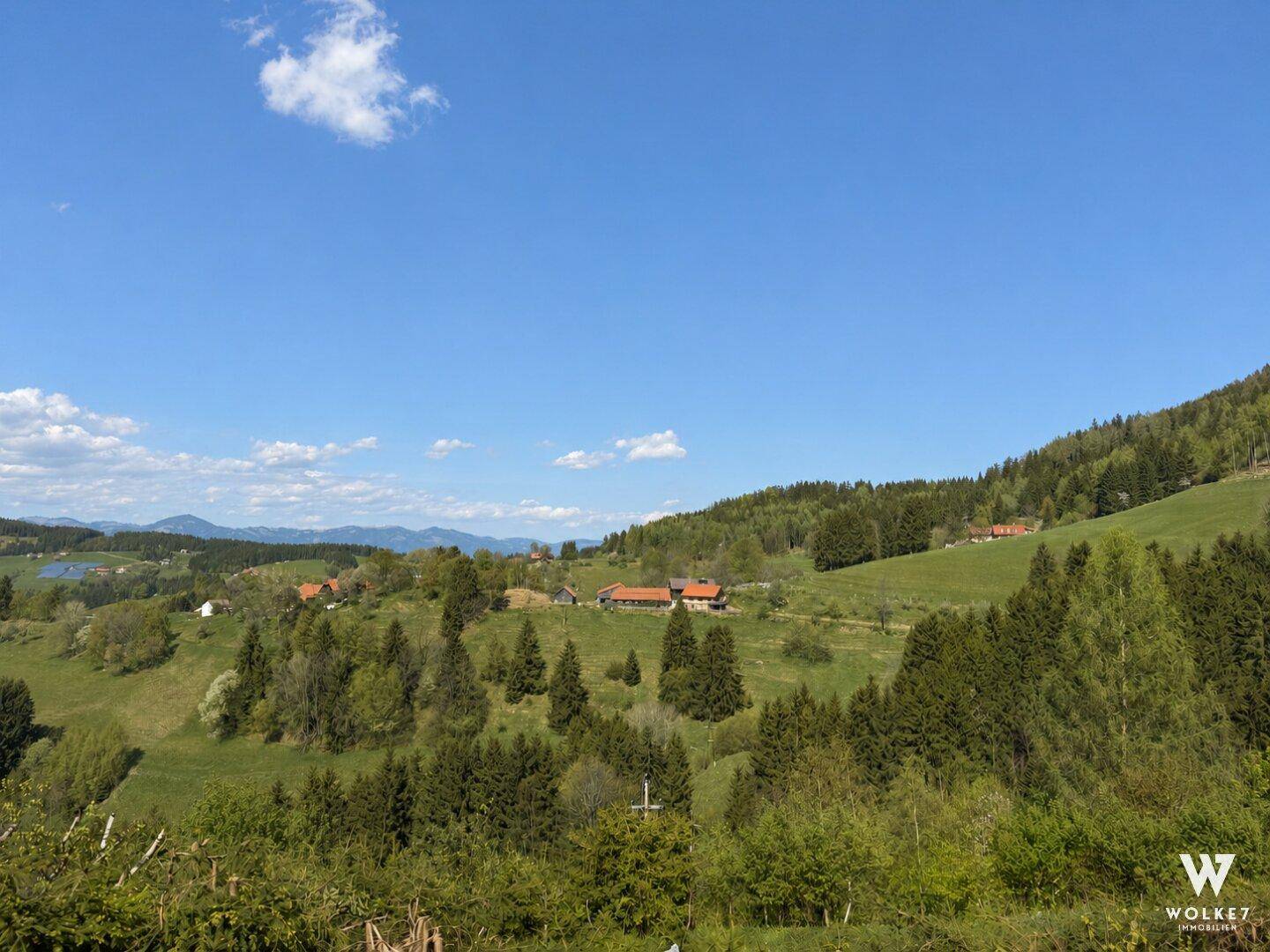 Weitläufiger Panoramablick über die grüne Hügellandschaft mit Bergen am Horizont.