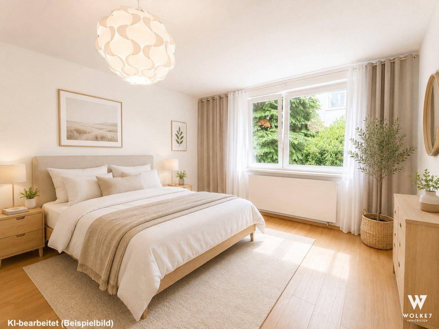 Helles Schlafzimmer mit modernem Doppelbett, Holzboden und Blick ins Grüne.
