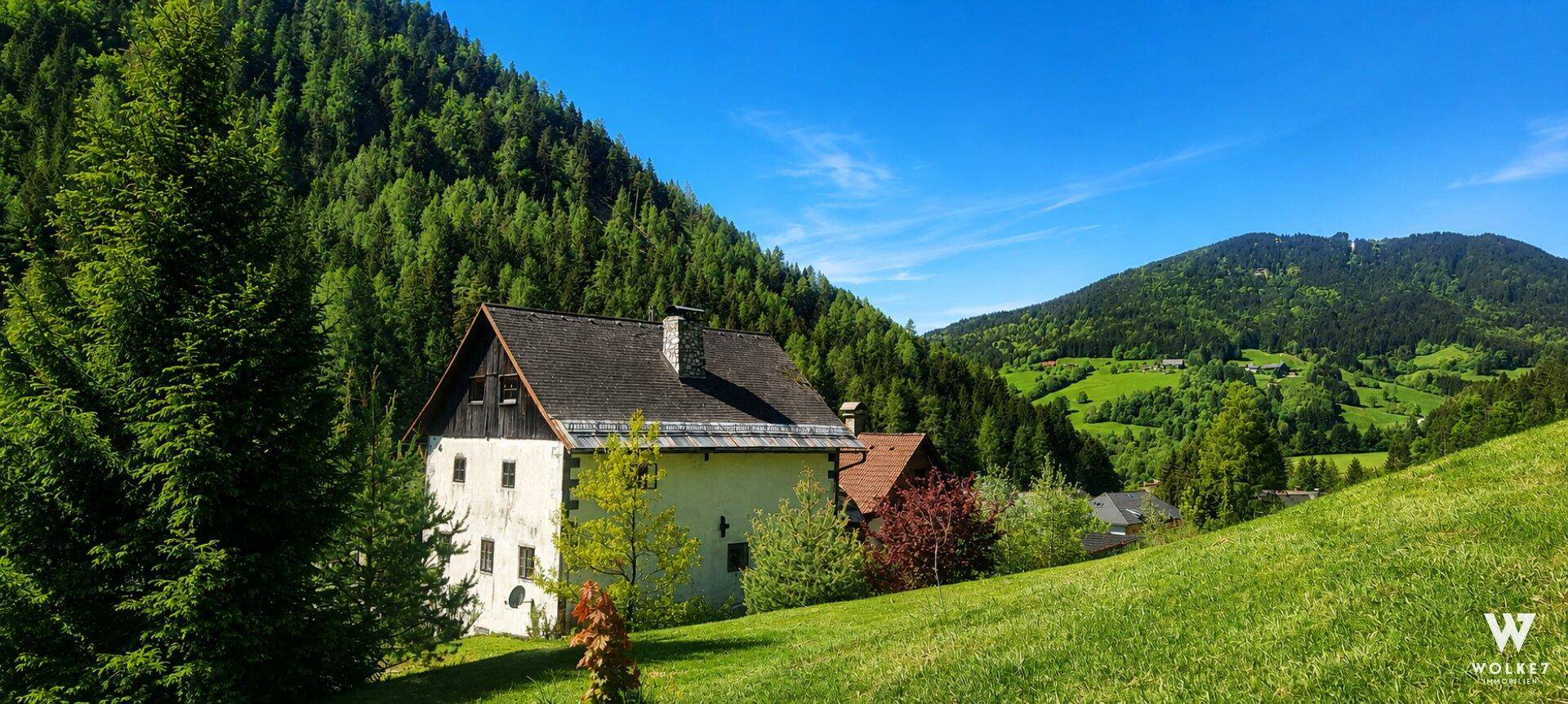 Traditionelles Haus in einer grünen Berglandschaft unter blauem Himmel mit viel Wald.