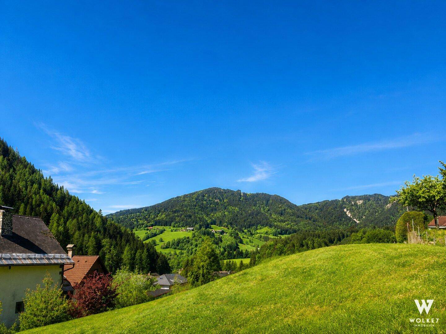 Weitläufige grüne Hügellandschaft mit Bergen unter strahlend blauem Himmel und viel Natur.