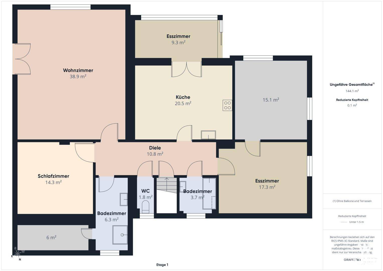 Grundriss der ersten Etage mit Wohnzimmer, Küche, Esszimmer, Schlafzimmer und zwei Bädern.