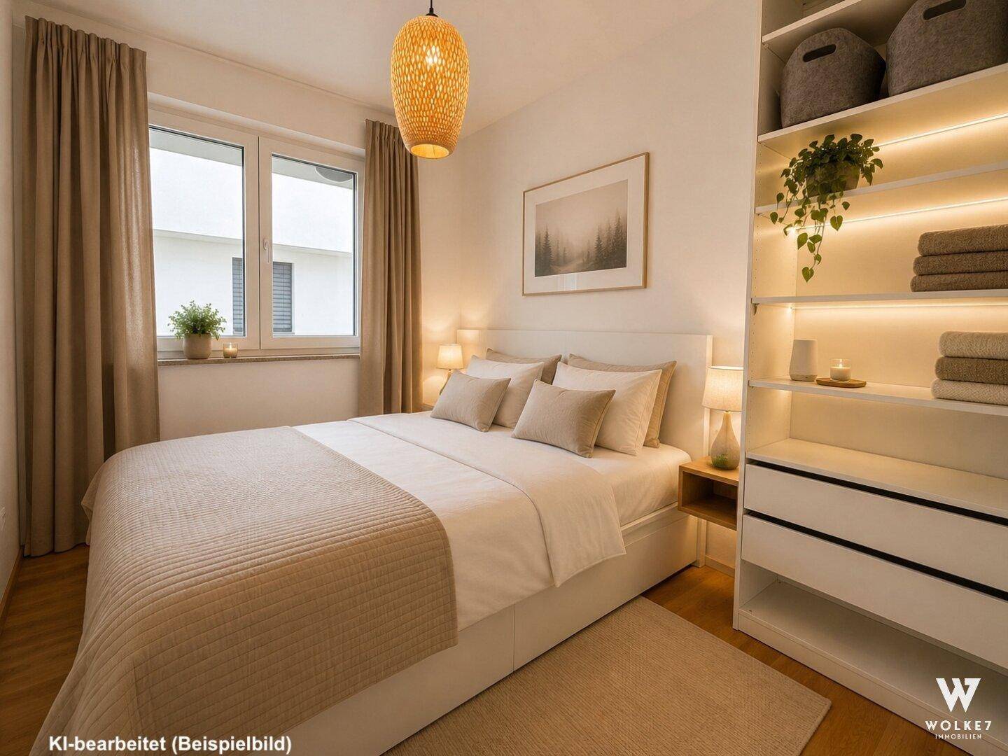 Helles Schlafzimmer mit Doppelbett und integrierten Regalen, modern eingerichtet.