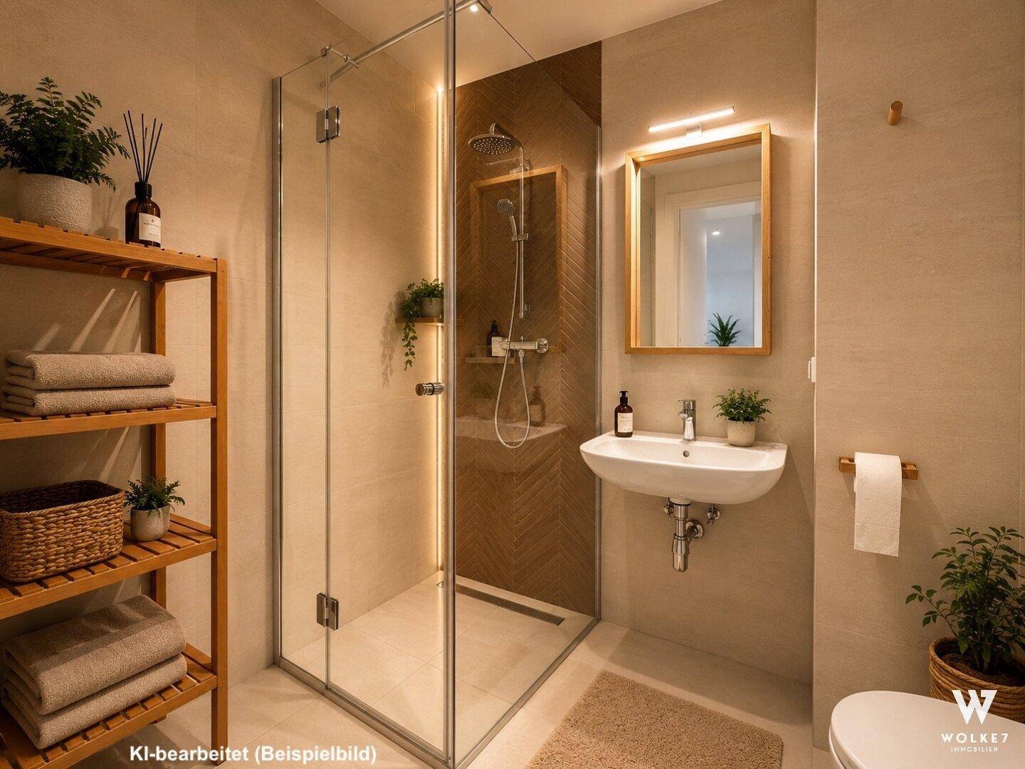 Modernes Badezimmer mit ebenerdiger Dusche, Wandwaschbecken und hellen Fliesen.