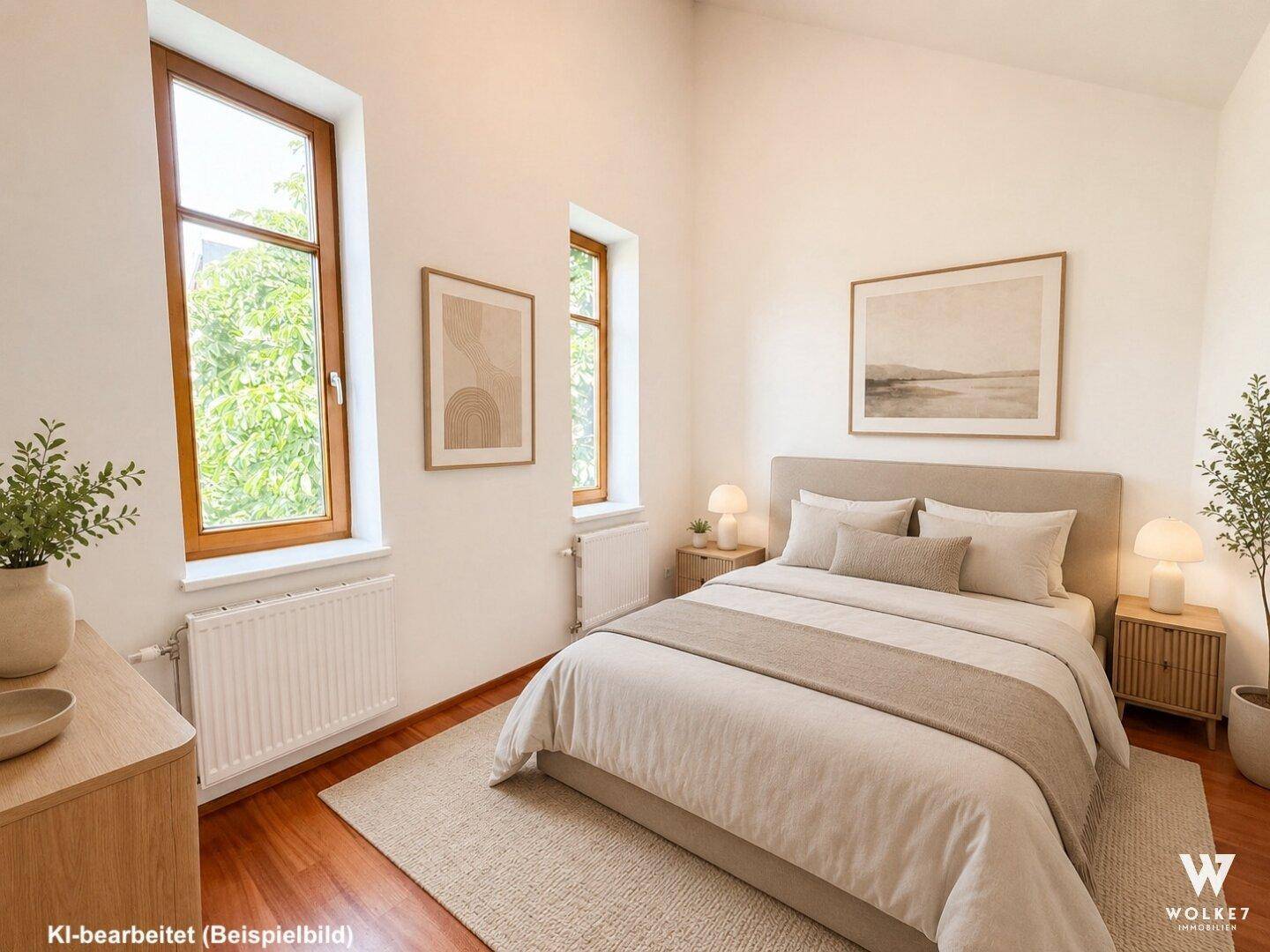 Helles Schlafzimmer mit Holzboden, großen Fenstern und Blick ins Grüne.