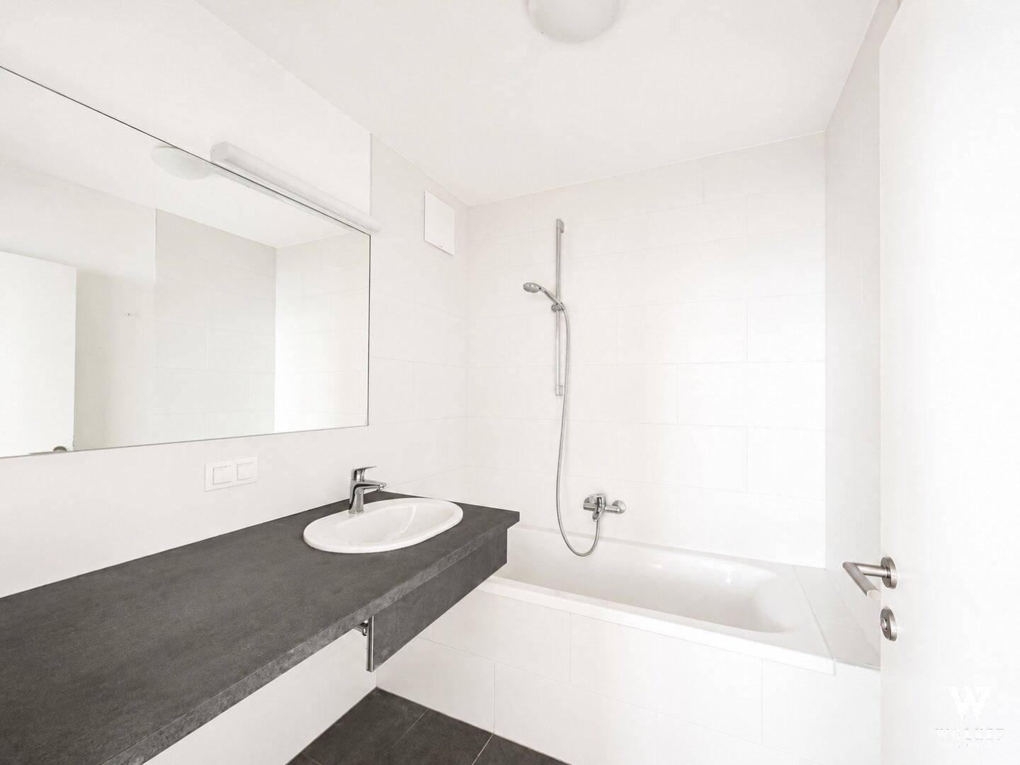 Modernes Badezimmer mit Badewanne, Einzelwaschbecken und großem Spiegel.