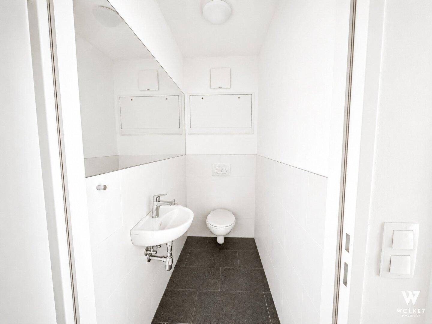 Kleines Gäste-WC mit Toilette, Handwaschbecken und Spiegel.