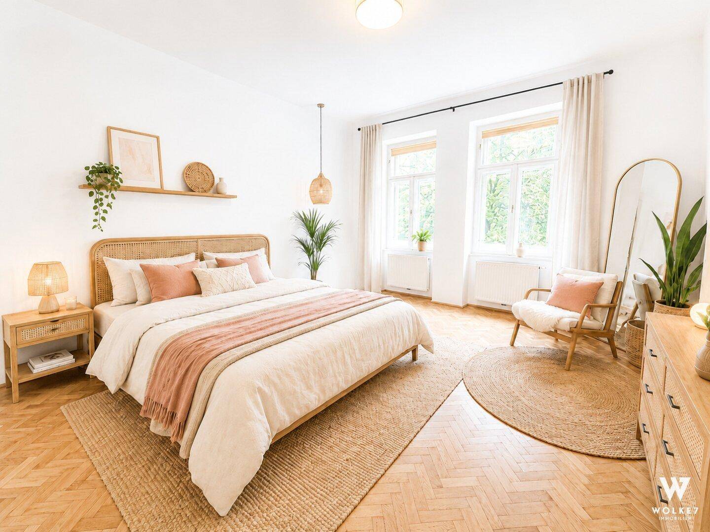 Gemütliches Schlafzimmer mit Rattanbett, Parkettboden und großen Fenstern für viel Tageslicht.