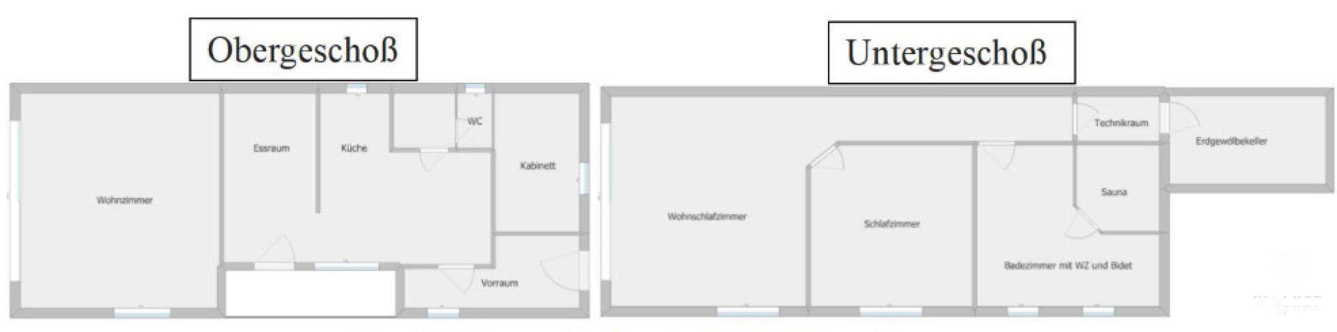 Grundriss des Ober- und Untergeschosses mit Raumaufteilung und Sauna.