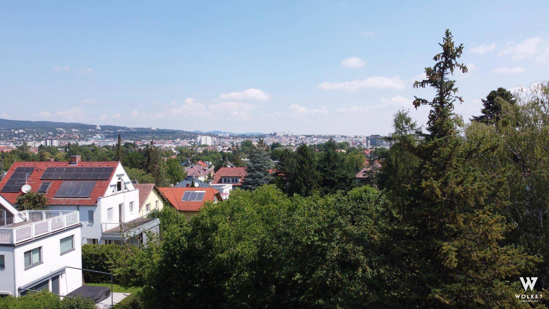 Weitblick über eine Wohnsiedlung mit Häusern, die teilweise Solarpaneele auf den Dächern installiert haben.
