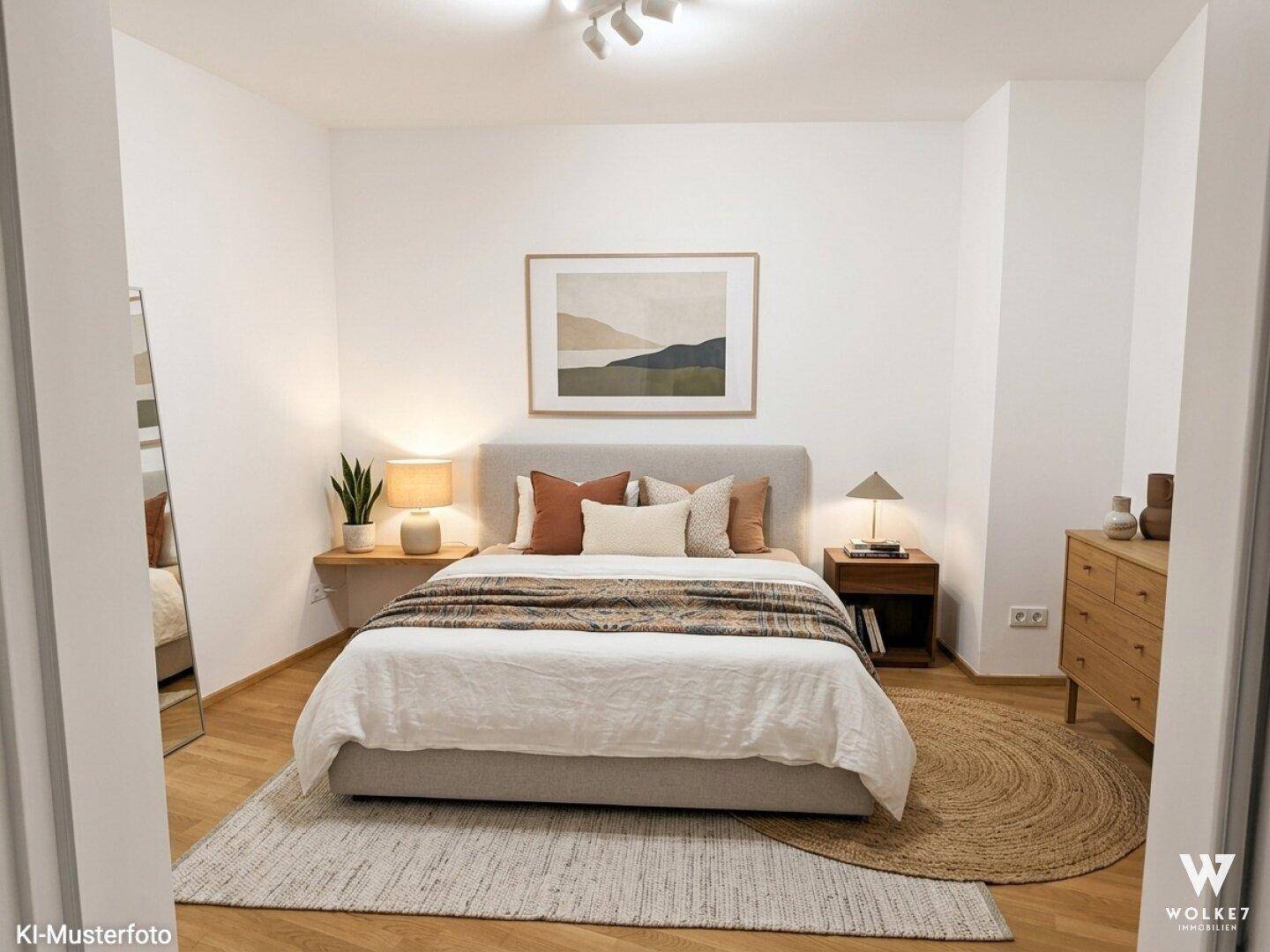 Gemütliches Schlafzimmer mit Doppelbett, Holzboden und moderner Einrichtung.