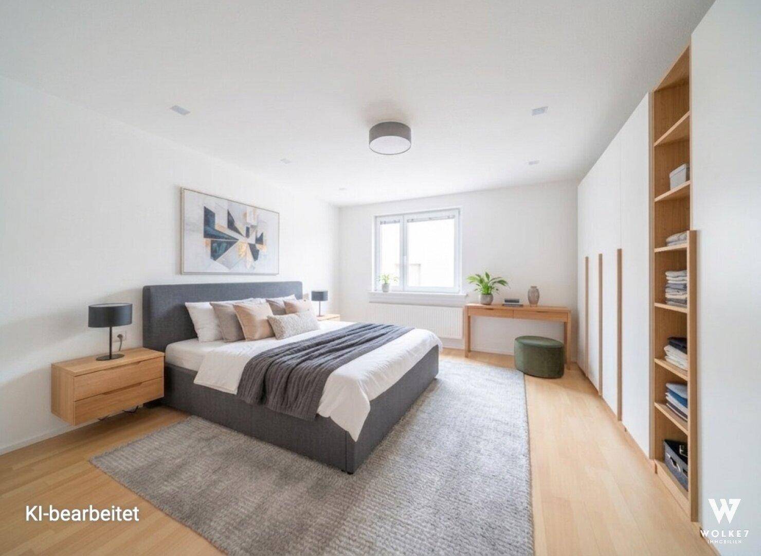 Virtuell möbliertes Schlafzimmer mit modernem Bett, Teppich und Einbauschränken.