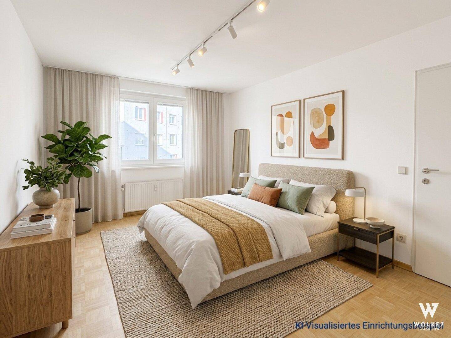KI-visualisiertes Schlafzimmer mit Doppelbett, Parkettboden und modernem Dekor.