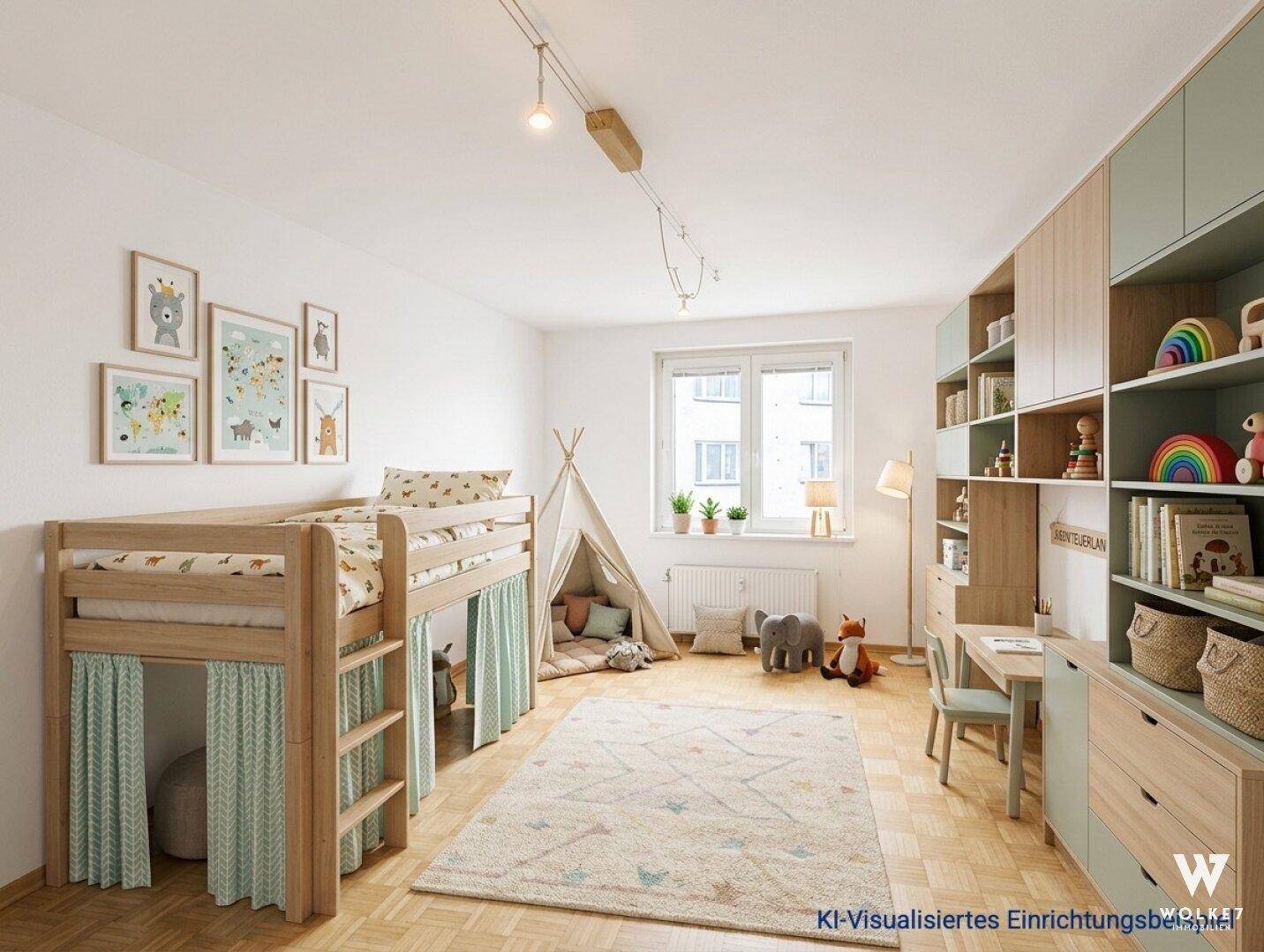 KI-visualisiertes Kinderzimmer mit Hochbett, Spielbereich und integrierten Regalen.