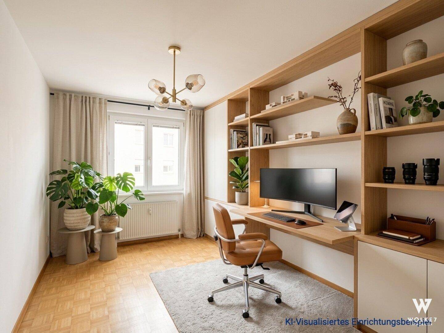 KI-visualisiertes Arbeitszimmer mit Holzregalen, Schreibtisch und Pflanzen.
