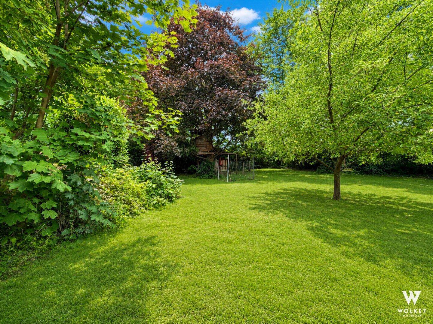 Weitläufige Rasenfläche mit verschiedenen Bäumen und einem kleinen Gartenhaus im Hintergrund.