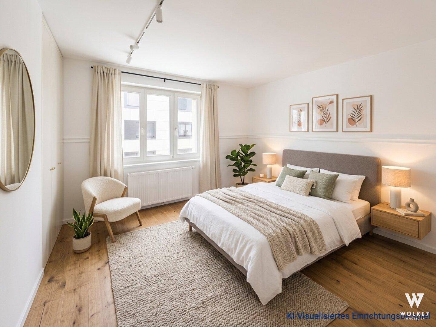 KI-visualisiertes Schlafzimmer mit Doppelbett, Nachttischen und modernem Dekor.