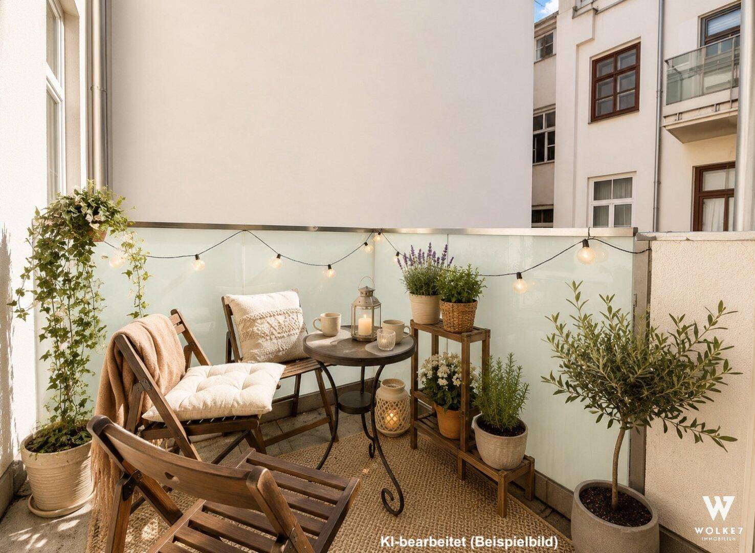 Gemütlicher Balkon mit Holzsitzgelegenheiten, vielen Pflanzen und stimmungsvoller Lichterkette.