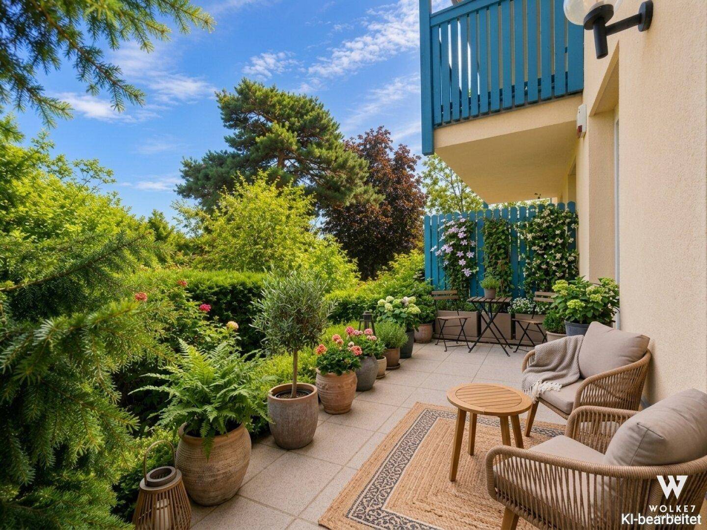 Gemütliche Terrasse mit Gartenmöbeln, vielen Pflanzen und Blick ins Grüne unter blauem Himmel.