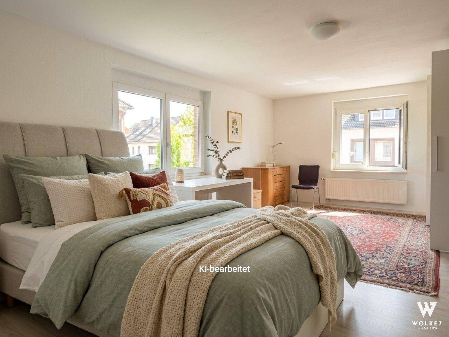 Helles Schlafzimmer mit großem Bett, Schreibtisch und Blick ins Grüne.