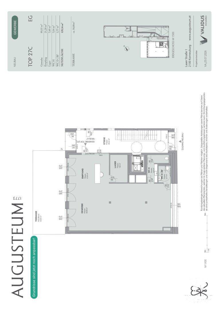 Grundriss eines Gewerbeobjekts mit Ladenfläche, Küche, WC und Terrasse im Erdgeschoss eines Neubaus.