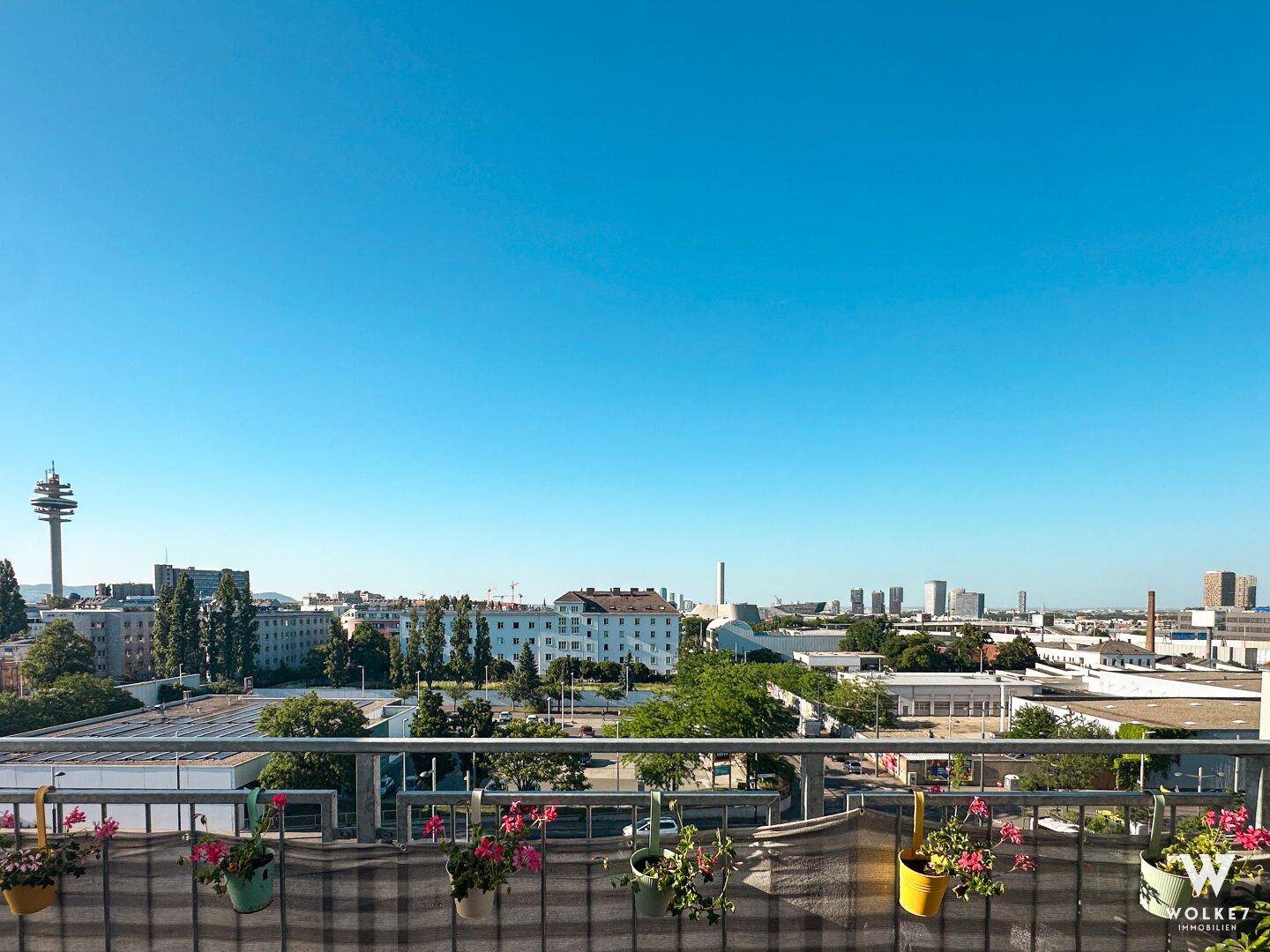 Panoramablick über die Stadt mit Gebäuden, Grünflächen und einem markanten Turm am Horizont.