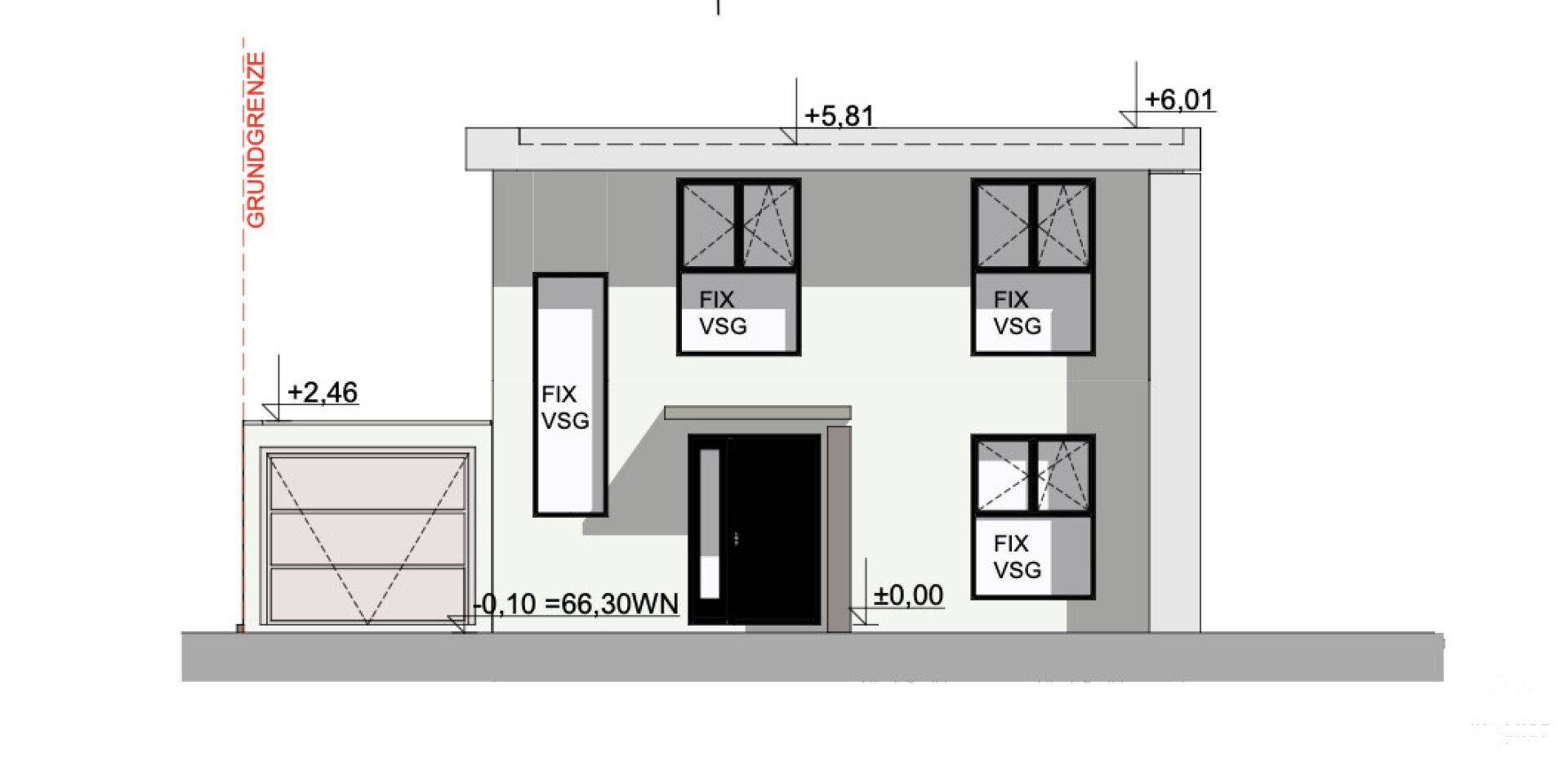 Architektonische Ansicht der modernen Hausfassade mit Garage und Fensterdetails.