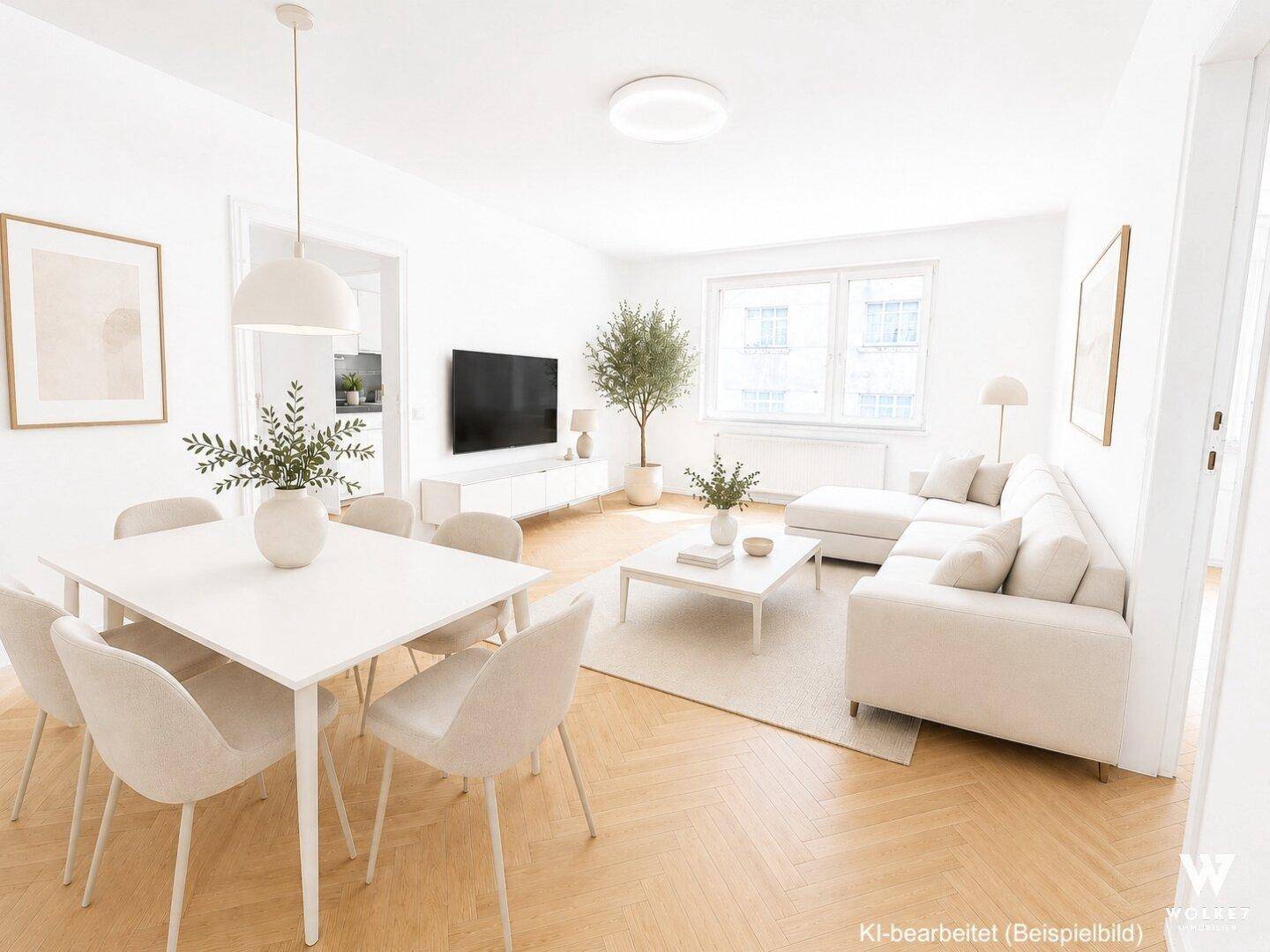 Heller, offener Wohn- und Essbereich mit modernem Design, Parkettboden und viel Tageslicht.