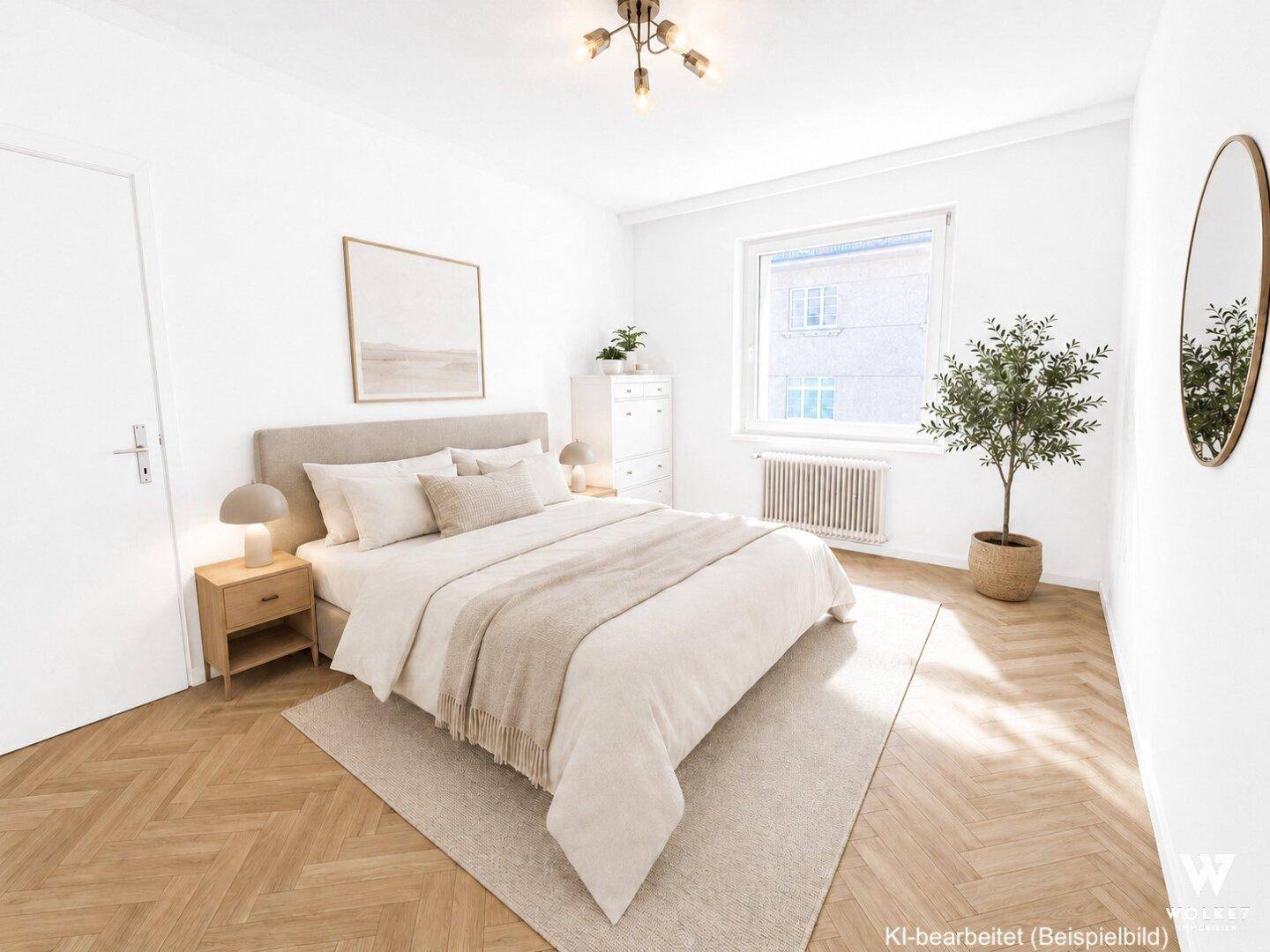 Gemütliches Schlafzimmer mit hellem Parkettboden, großem Fenster und moderner Einrichtung.