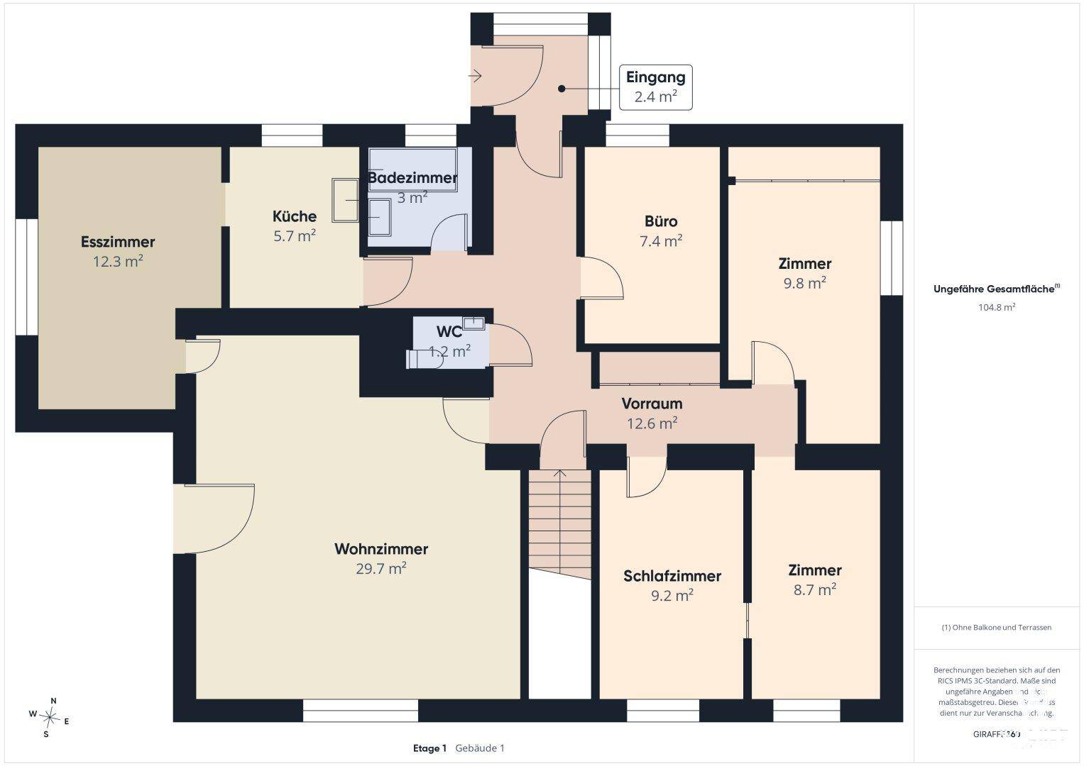 Grundriss des Erdgeschosses mit Wohnzimmer, Esszimmer, Küche, Büro und mehreren Schlafzimmern.