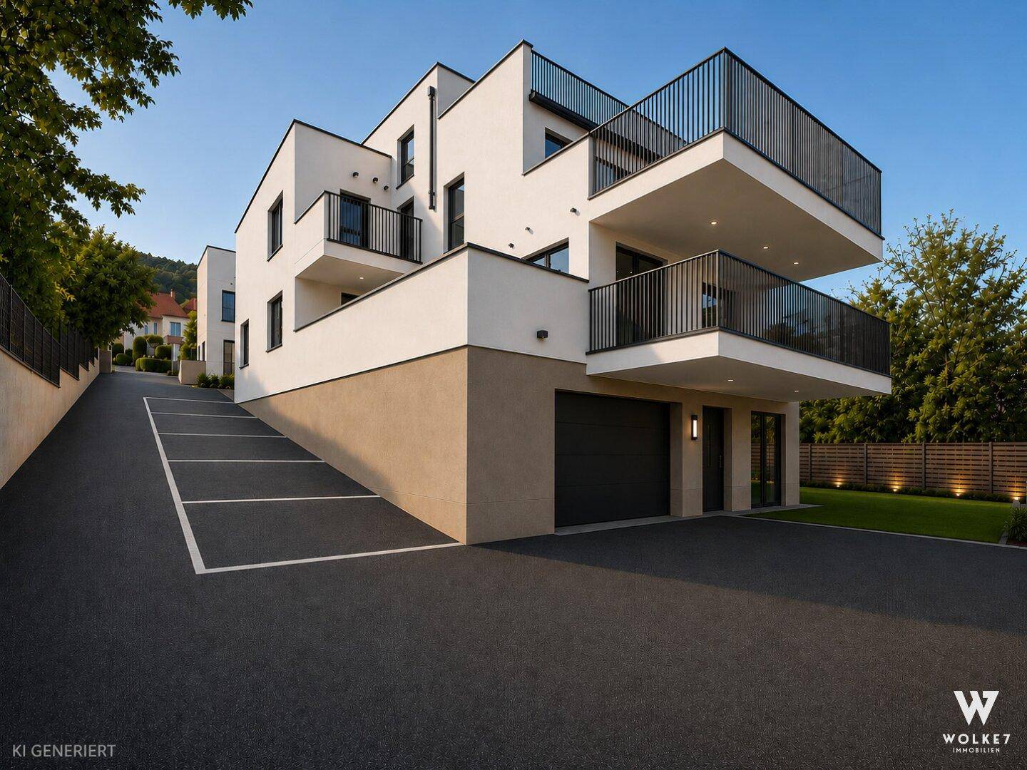Ansicht des modernen Gebäudes mit Zufahrt zur Tiefgarage und zusätzlichen Außenstellplätzen.
