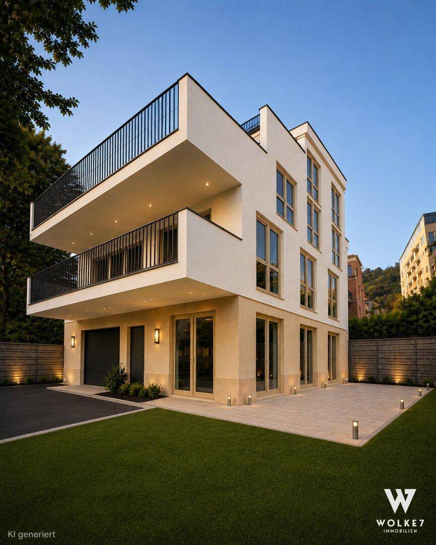Moderne Wohnhausfassade mit klaren Linien, großzügigen Balkonen und gepflegter Außenanlage.