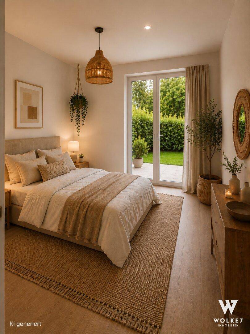 Gemütliches Schlafzimmer mit warmen Holztönen, direktem Gartenzugang und viel Tageslicht.