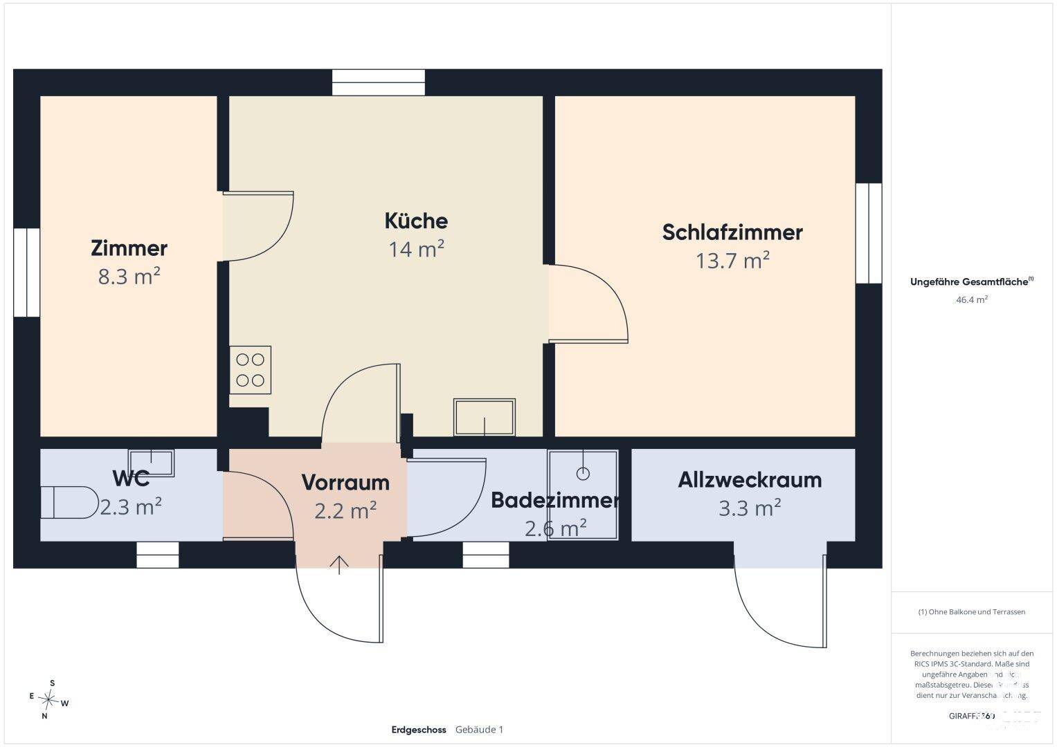 Grundriss des Erdgeschosses mit Zimmern, Küche, Bad und WC.