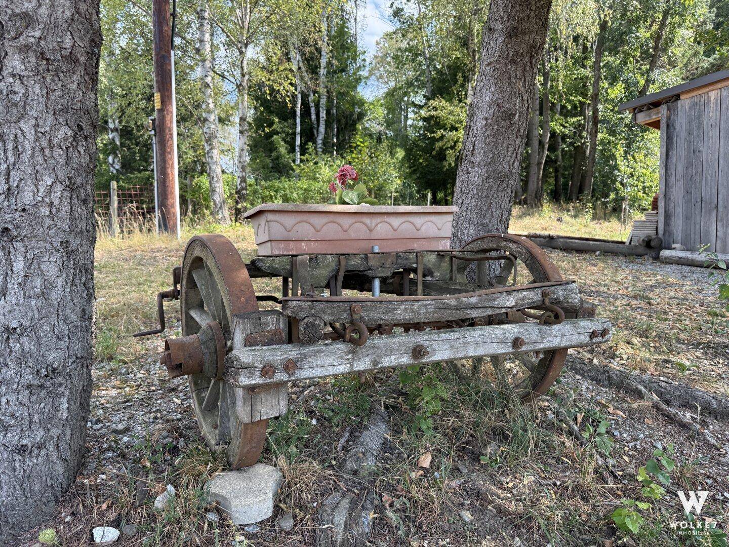 Dekorative alte Holzkutsche mit Blumenkübel im ländlichen Gartenbereich.