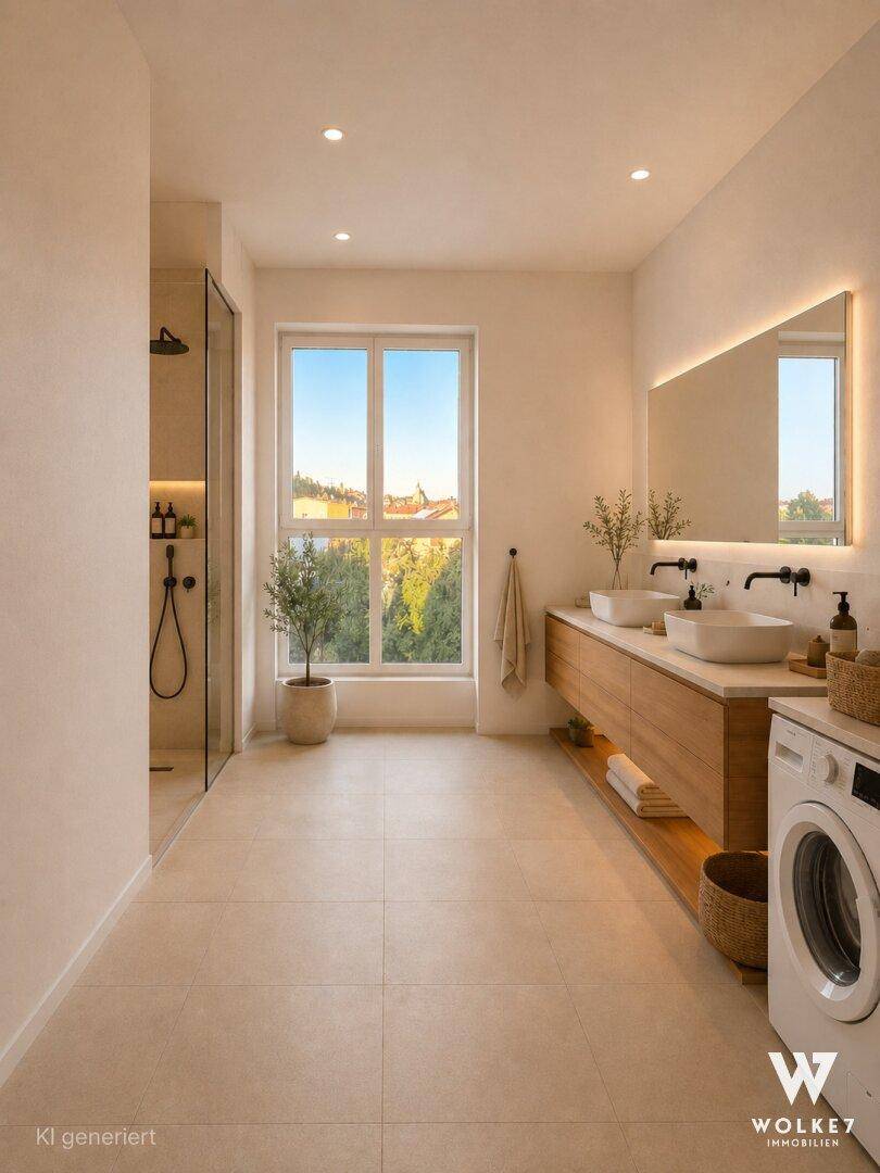 Modernes Badezimmer mit Doppelwaschbecken, großer begehbarer Dusche und Fenster für Tageslicht.