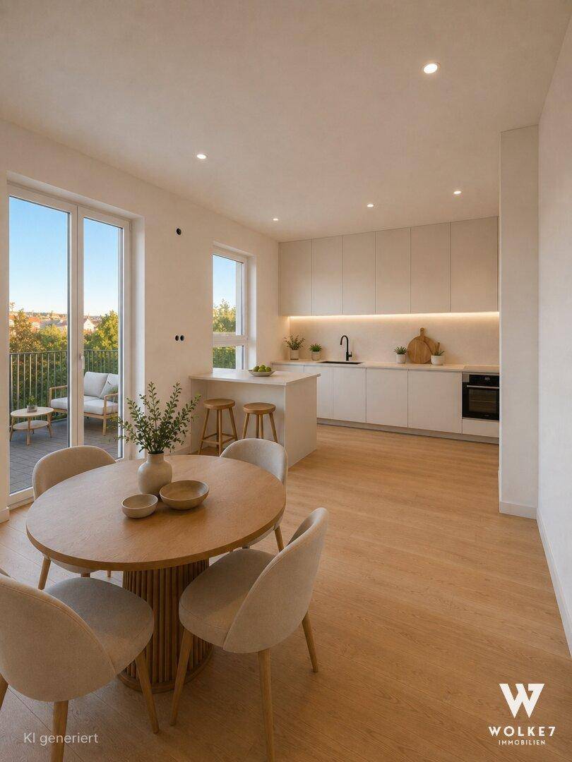 Moderne, helle Küche mit weißer Einbauküche, Kochinsel und Essbereich mit Zugang zur Terrasse.
