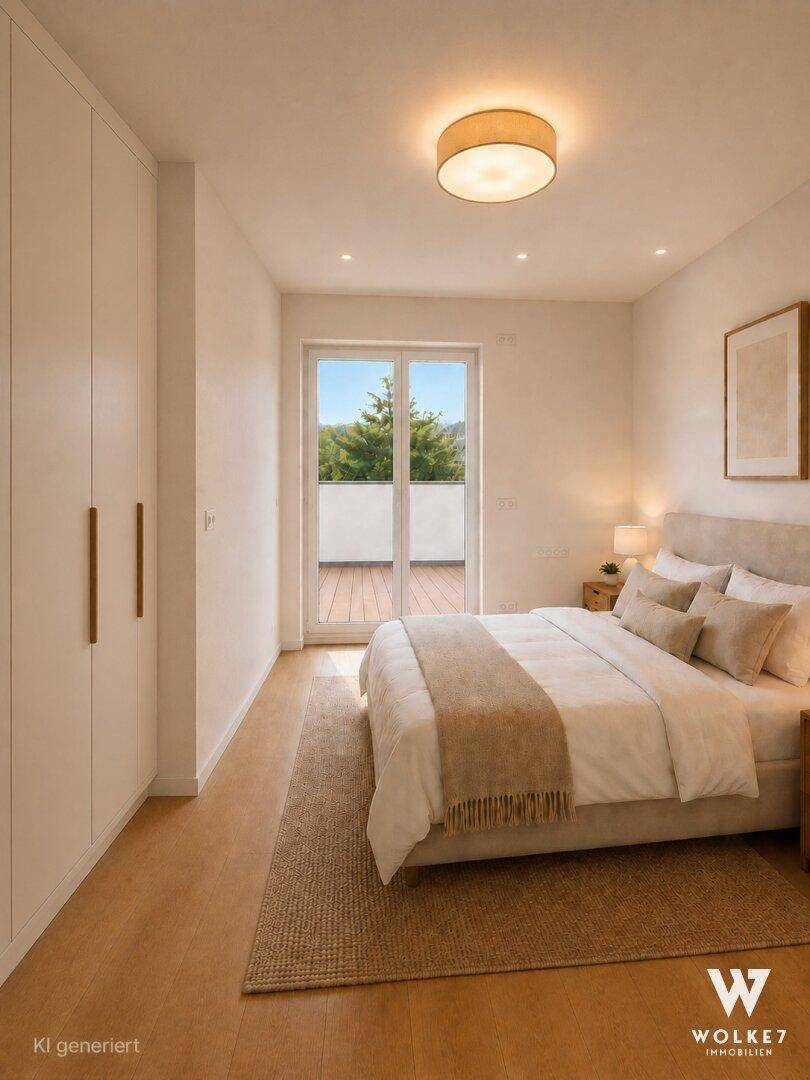 Helles Schlafzimmer mit Doppelbett, Einbauschränken und direktem Zugang zu einem Balkon oder einer Terrasse.
