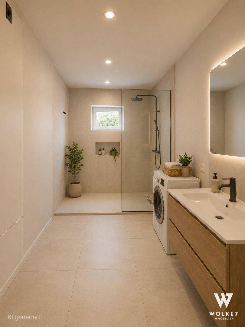Modernes Badezimmer mit ebenerdiger Dusche, Einzelwaschbecken und integrierter Waschmaschine.