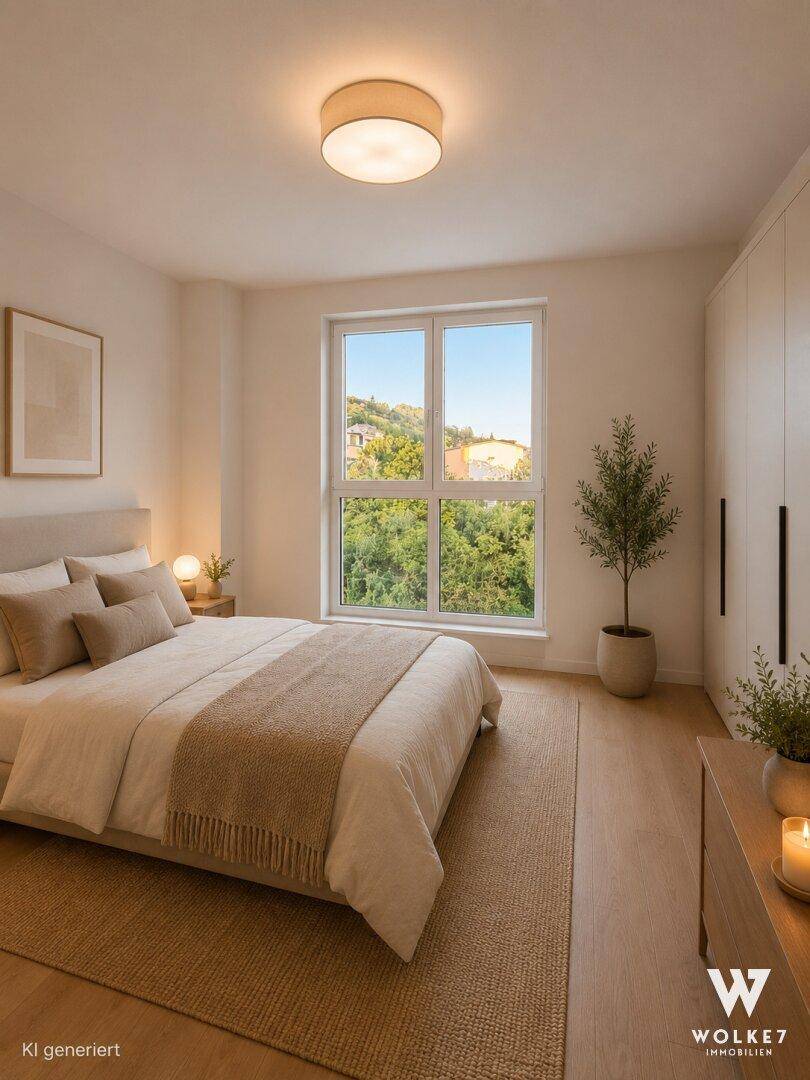 Helles Schlafzimmer mit großem Fenster, Holzboden und integriertem Kleiderschrank.