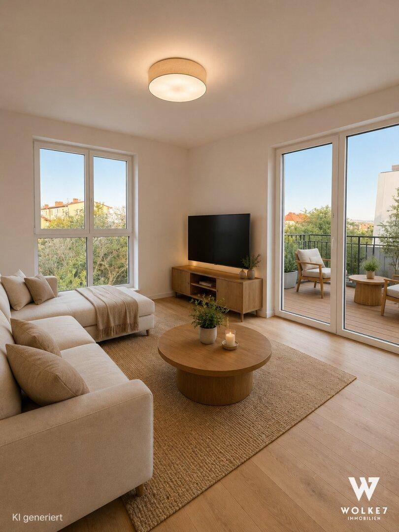 Gemütliches Wohnzimmer mit beigem Sofa, Holzboden und Zugang zu einem sonnigen Außenbereich.