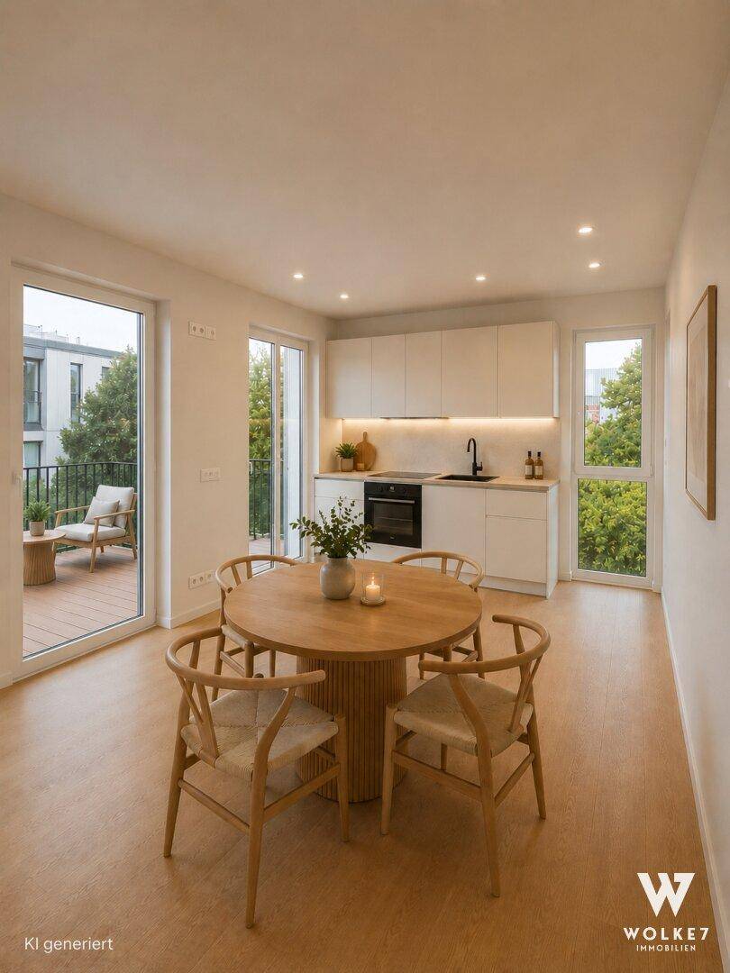 Helle, moderne Küche mit weißen Schränken, integrierten Geräten und einem Essbereich mit Holztisch.